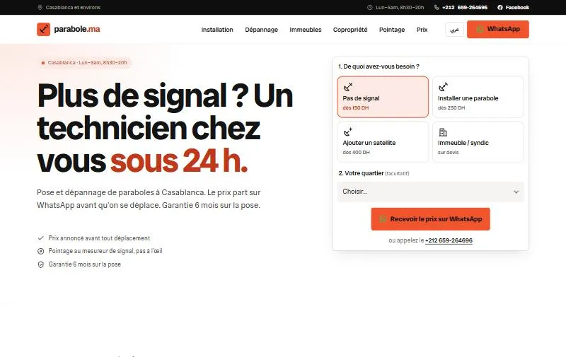 Parabole.ma — Installation de paraboles partout au Maroc — capture d’écran du site parabole.ma