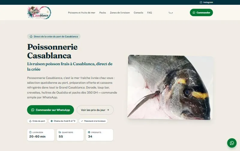 Poissonnerie Casablanca — Poissonnerie en ligne avec commande WhatsApp — capture d’écran du site poissonneriecasa.ma